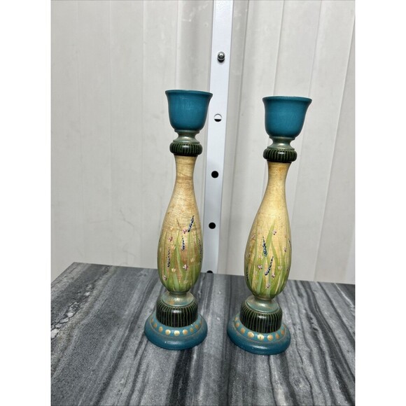 Vintage Hand Painted Candle Holders Wood Set of 2 Candle Sticks Floral Art - Picture 1 of 10